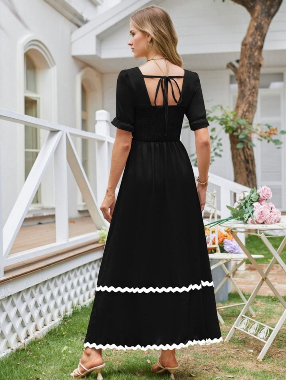BTFBM Black Maxi Dress with White Scalloped Trim, Tie Across Upper Back Sz Large - Picture 2 of 13